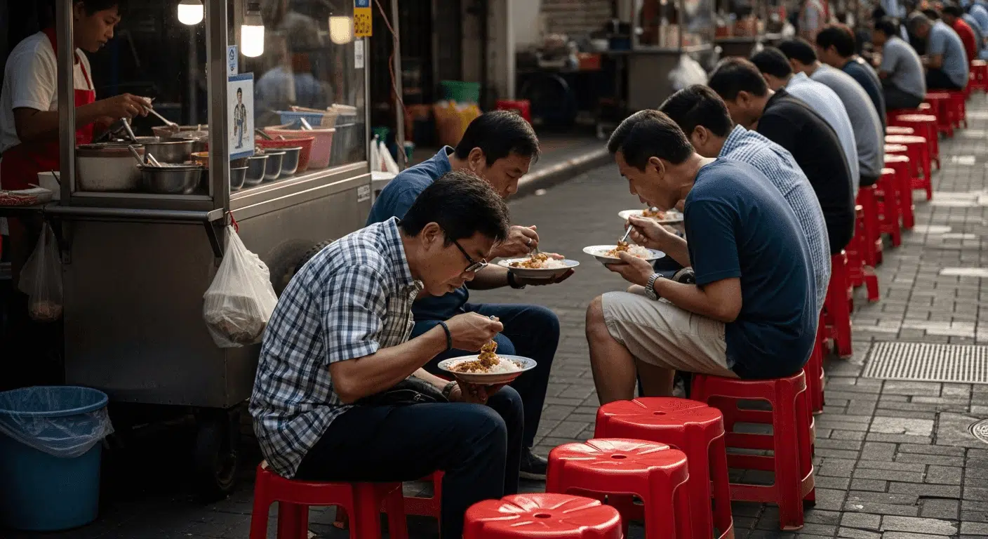 "A candid street photography scene in Bangkok's Chinatown, focusing on Khao Gaeng Jek Pui. The composition captures a long, continuous line of iconic, bright red plastic stools lined up on the sidewalk. A mix of local Thais and a few tourists are sitting on the stools, hunched over and eating from simple white plates of curry rice they hold in their hands. In the background, the vendor's stainless steel curry cart is visible, along with the chaotic, vibrant, and slightly gritty atmosphere of a Bangkok street. The lighting is from the late afternoon sun, creating interesting shadows. The photo should feel unstaged, energetic, and deeply authentic."