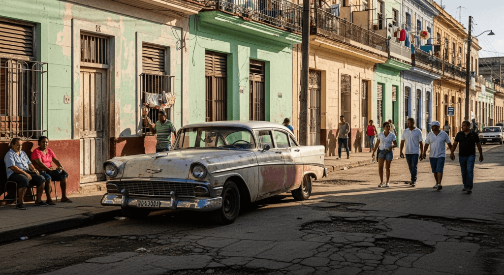 A classic American car parked on a colorful but worn residential street in Havana, showing daily life outside the main tourist areas.