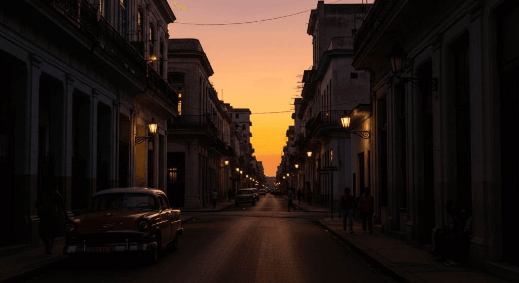 A dimly lit street in a Cuban city at dusk, illustrating the importance of being prepared for potential power outages.