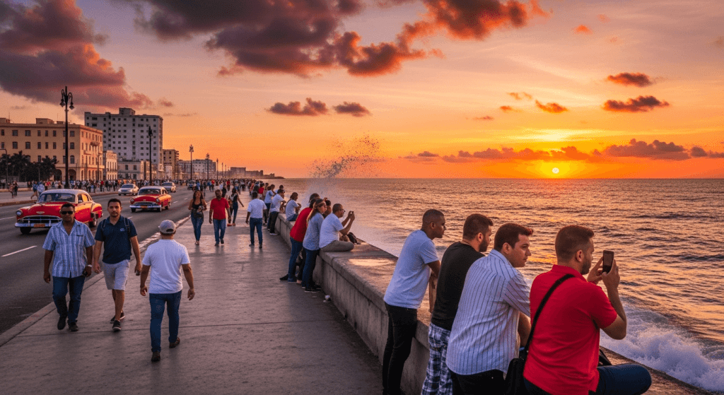 Locals and tourists enjoying the vibrant sunset over the sea from the Malecón seawall in Havana.