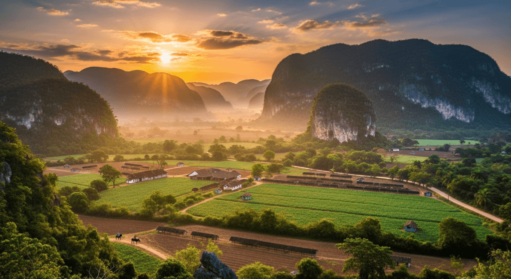 Panoramic view of the Viñales Valley in Cuba with its iconic mogote limestone hills at sunrise.