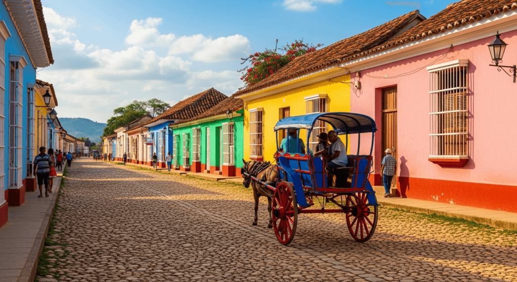 A charming cobblestone street in Trinidad, Cuba, lined with colorful colonial houses and a horse-drawn cart.