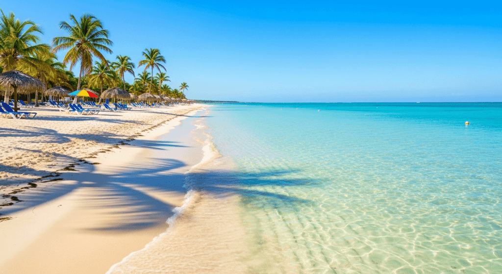 A pristine white sand beach in Varadero, Cuba, with crystal-clear turquoise water under a sunny sky.