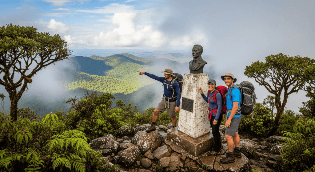 Hikers reaching the summit of Pico Turquino, the highest point in Cuba, surrounded by lush cloud forest.
