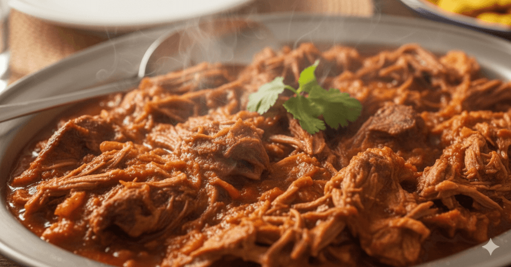 A close-up of Ropa Vieja, the national dish of Cuba, showing the rich texture of the tender shredded beef in a savory tomato and pepper sauce.