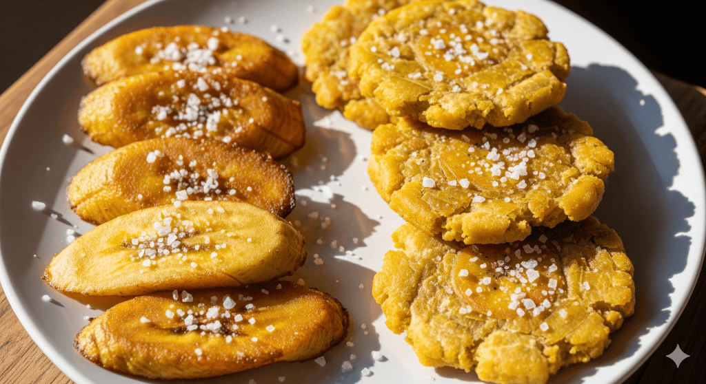 A plate of golden-brown, crispy tostones, a classic Cuban side dish made from double-fried and smashed green plantains.