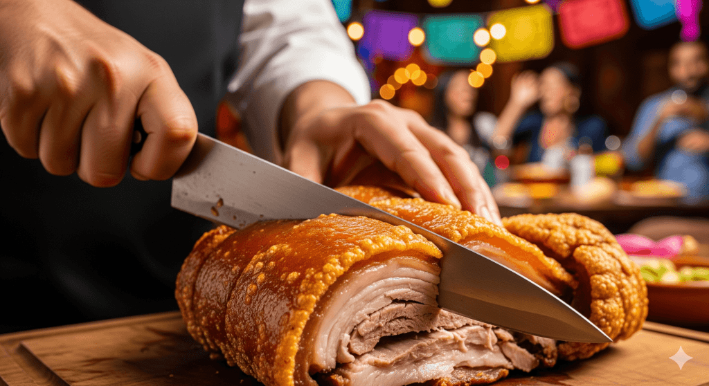 A platter of traditional Cuban Lechón Asado, focusing on the perfectly golden, crispy skin of the slow-roasted pork.