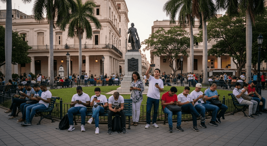 Tourists and Cubans connecting to the internet on their phones in a public WiFi park in Trinidad, Cuba.
