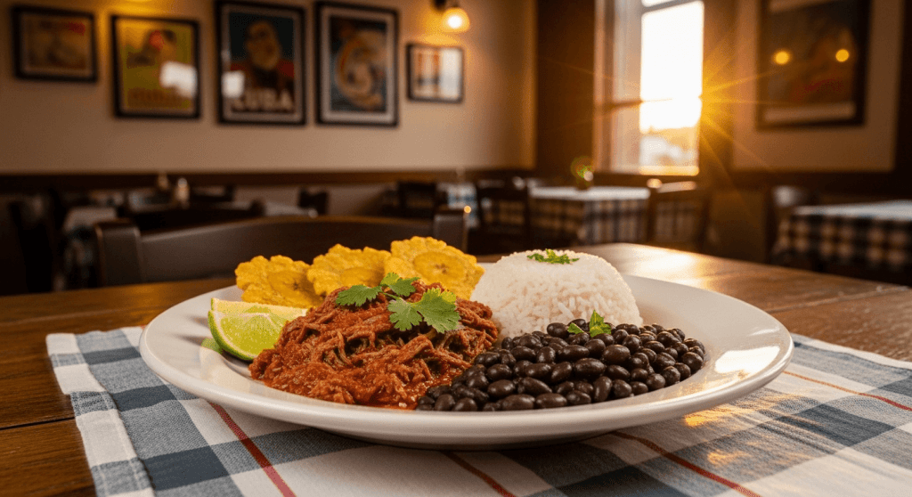 A plate of ropa vieja, a typical Cuban dish, served at a paladar or private restaurant in Cuba.