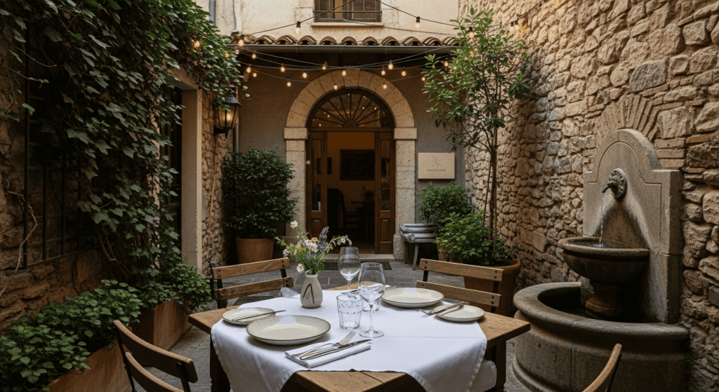 The discreet exterior of a paladar, or a table served in a cozy interior patio.