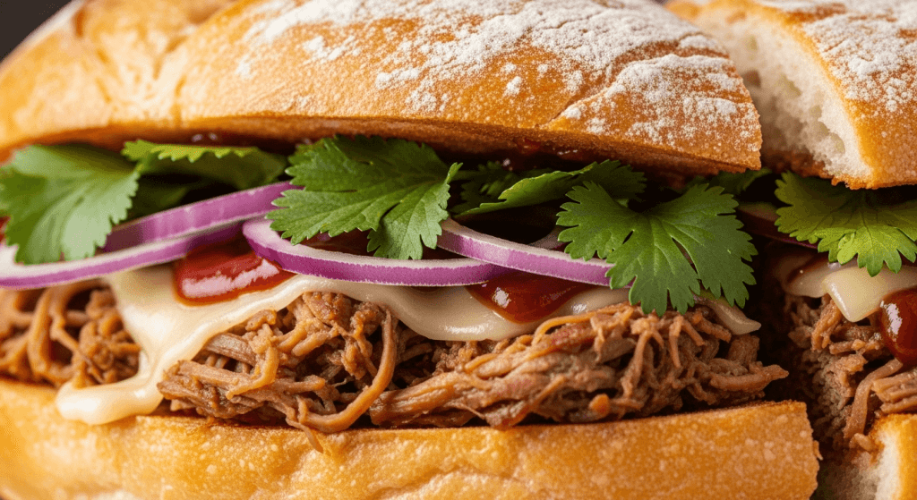 A very appetizing close-up of the sandwich, showing the juiciness of the pork and the crispy bread.