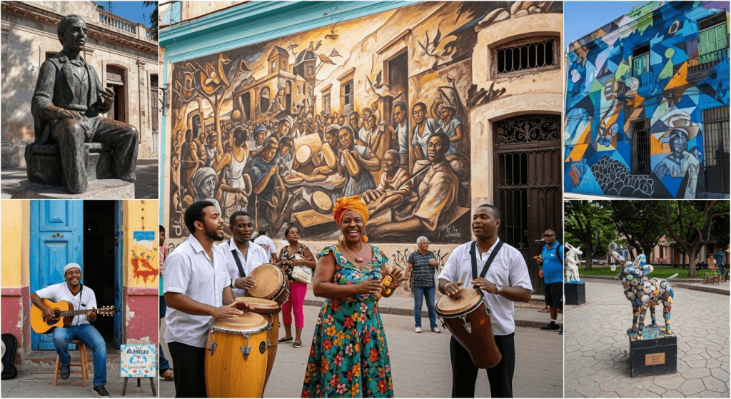 4-5 photos showing the variety of murals, sculptures, and, if possible, the rumba musicians.