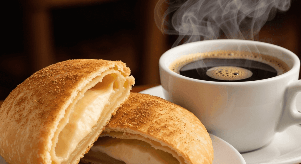 A close-up of the pastry, perhaps split in half to reveal the filling, next to a cup of Cuban coffee.