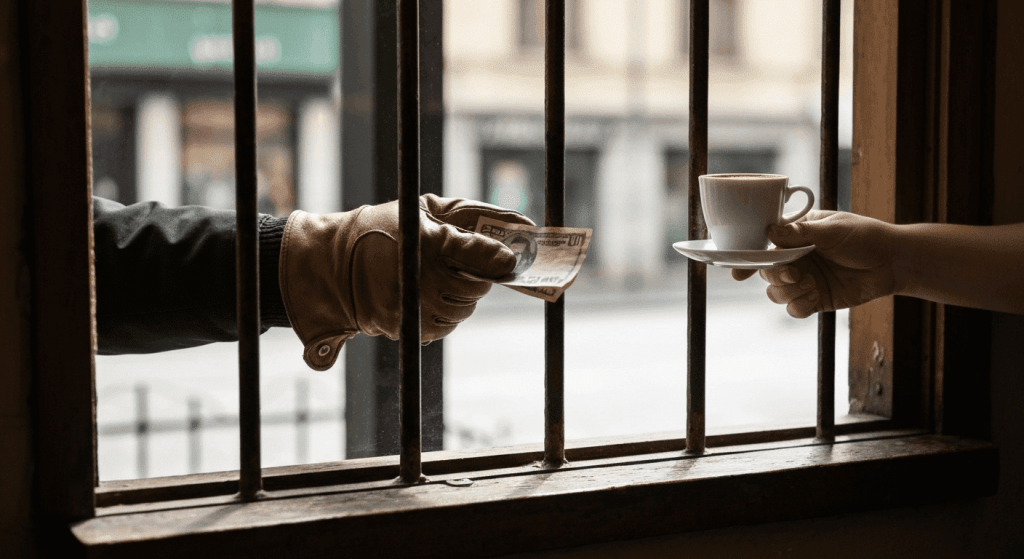 A photo of a hand exchanging money for a small cup of coffee through a barred window.