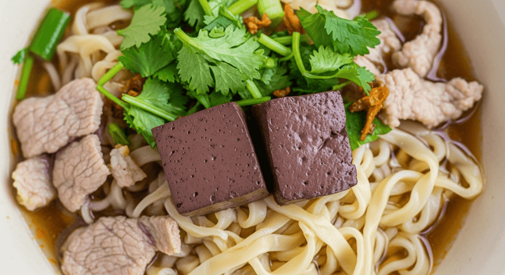 A close-up top-down view of a bowl of Guay Jap Yuan, a complex pork blood soup from a Bangkok street stall.