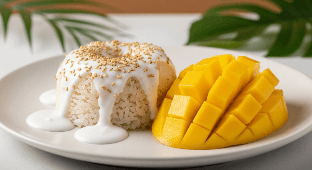 A beautiful plate of Mango Sticky Rice with fresh yellow mango and creamy coconut sauce, a classic Thai dessert.