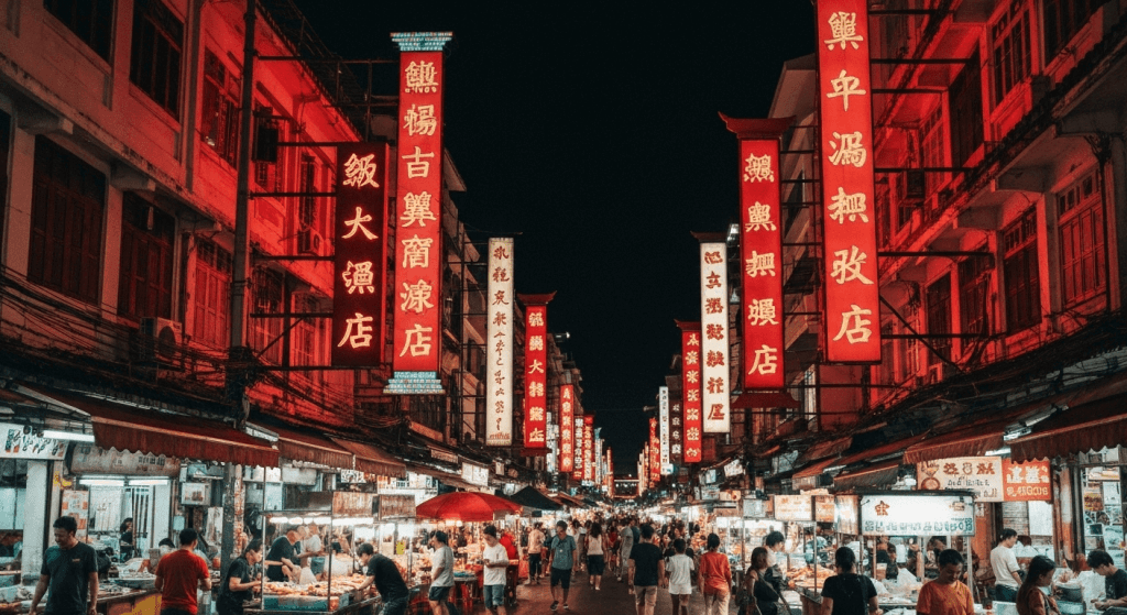 The vibrant Yaowarat Road in Bangkok's Chinatown at night, illuminated by iconic neon signs and crowded with food stalls.