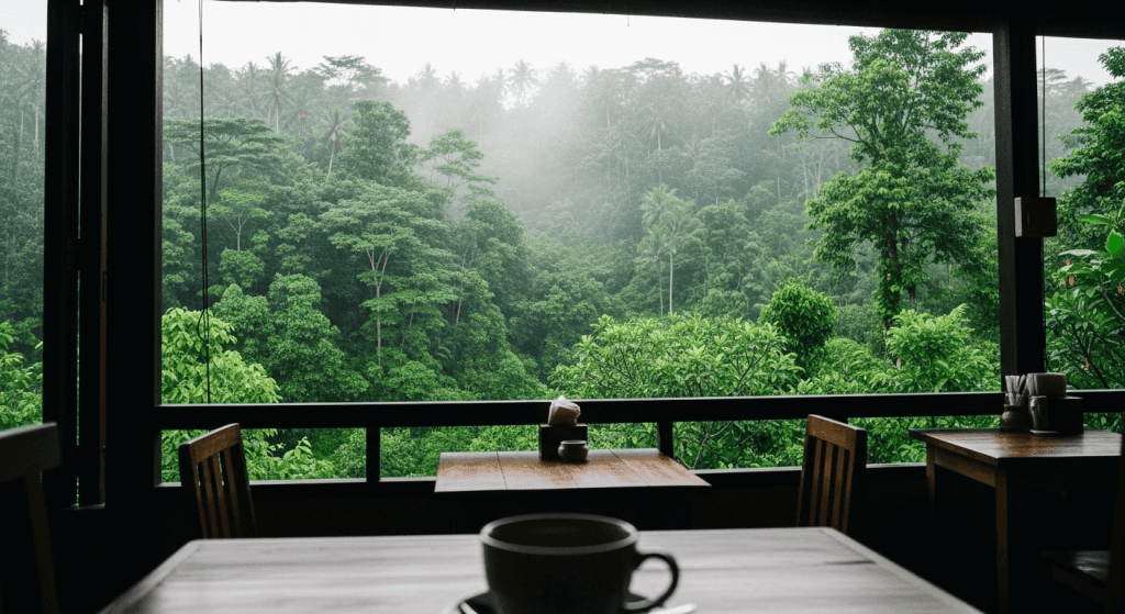 View from a cafe in Bali during the Southeast Asia rainy season, showing the lush green landscape and proving it can be a beautiful time to visit.

