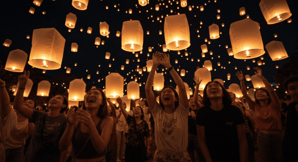 Thousands of glowing paper lanterns being released into the night sky during the magical Yi Peng festival in Chiang Mai, Thailand.

