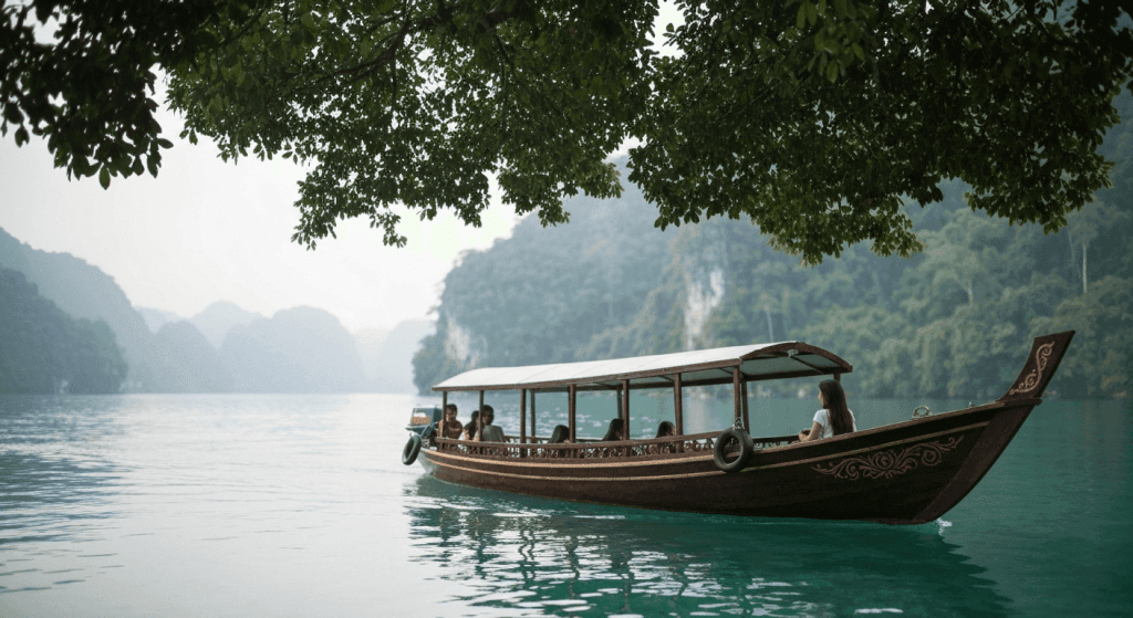 A traditional Vietnamese junk boat sails through the iconic limestone karsts of Ha Long Bay at sunrise, a key destination in Southeast Asia.


