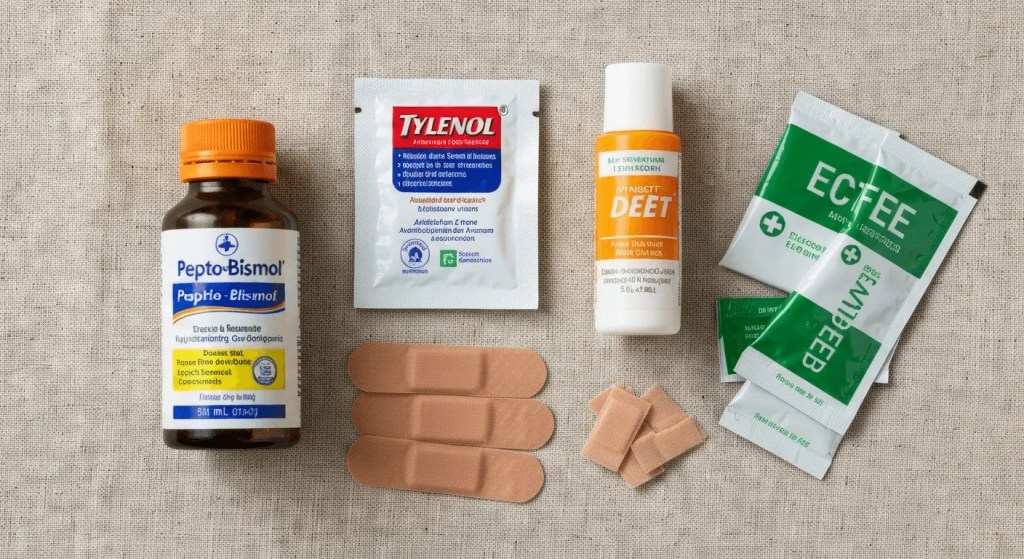 A travel first-aid kit for Cuba, showing Pepto-Bismol, Tylenol, band-aids, and insect repellent.
