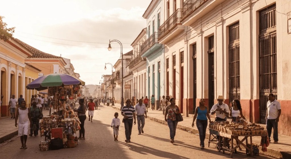 A lively street in Trinidad, Cuba, showcasing the cultural and ancestral diversity of the Cuban people in a candid, sunlit scene.

