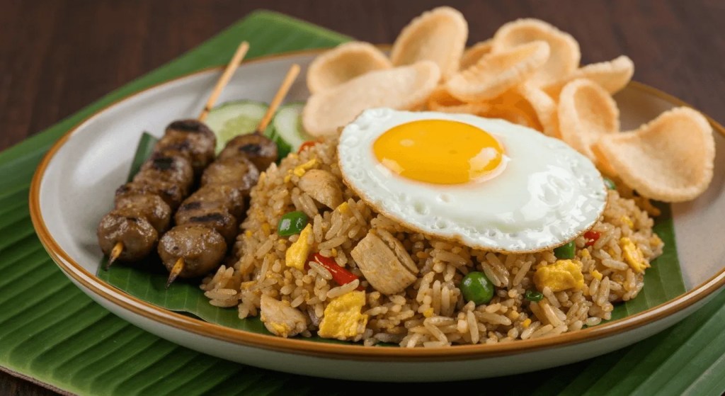 A perfectly served plate of Nasi Goreng, Bali's famous fried rice, topped with a runny egg and sate skewers.