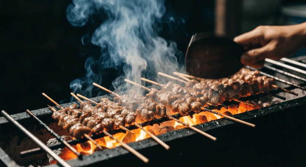 Balinese sate skewers sizzling over hot coals, capturing the authentic street food grilling process.