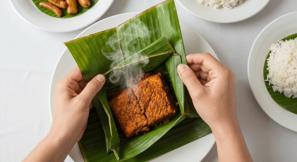 Unwrapping a steaming Tuna Pepes, a traditional Balinese dish of fresh tuna cooked in a banana leaf.
