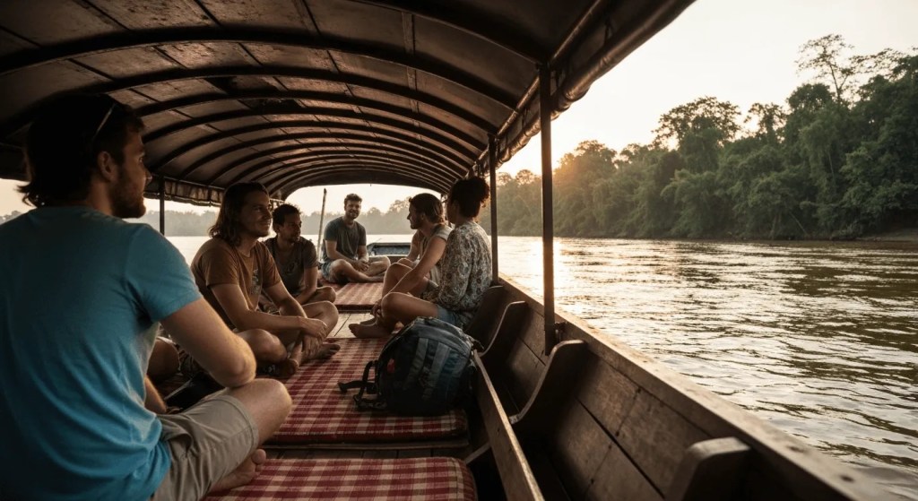 Backpackers relaxing on a traditional wooden slow boat on the Mekong River in Laos during a golden sunset.


