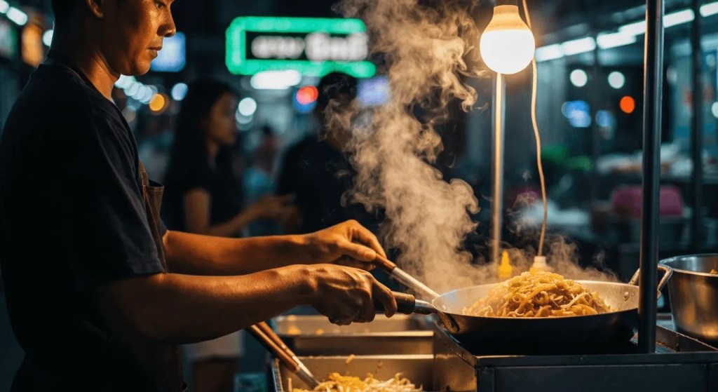 A close-up shot of a street food vendor in Thailand cooking noodles in a wok at a vibrant night market.

