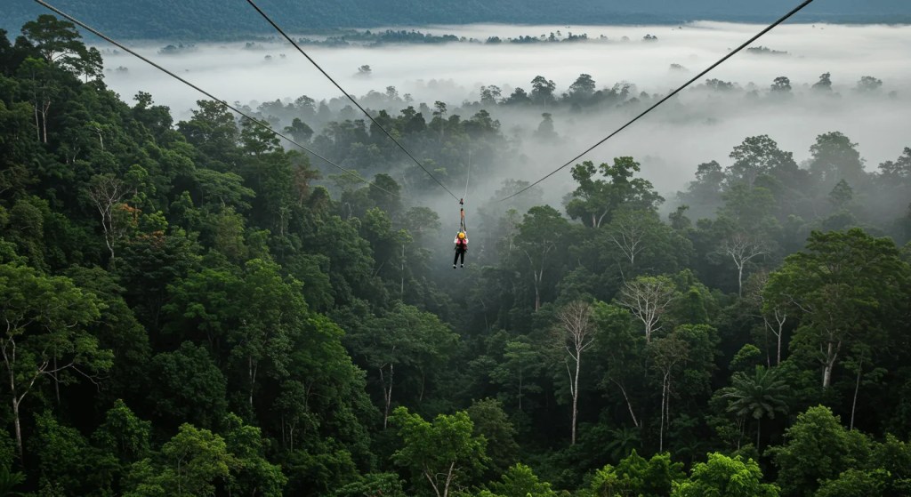 A person ziplining over a vast, misty jungle canopy in Laos, an example of an epic travel experience.

