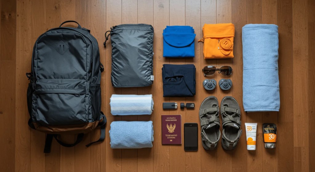 A minimalist flat lay of essential backpacking items for Southeast Asia, including a 40L backpack and packing cube, illustrating how to pack light.

