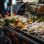 Thai street food stall with curry pastes, herbs and takeaway bowls — guide to red, green, yellow, Massaman and Panang curries