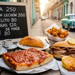 Old Havana street-food window with Cuban pizza, pan con lechón, guava pastry, corn fritters and café cubano at golden hour.